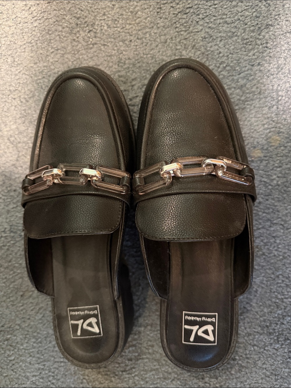 Dirty Laundry Black Slip-On mules with Silver and Clear Chain Accent size 9 EUC